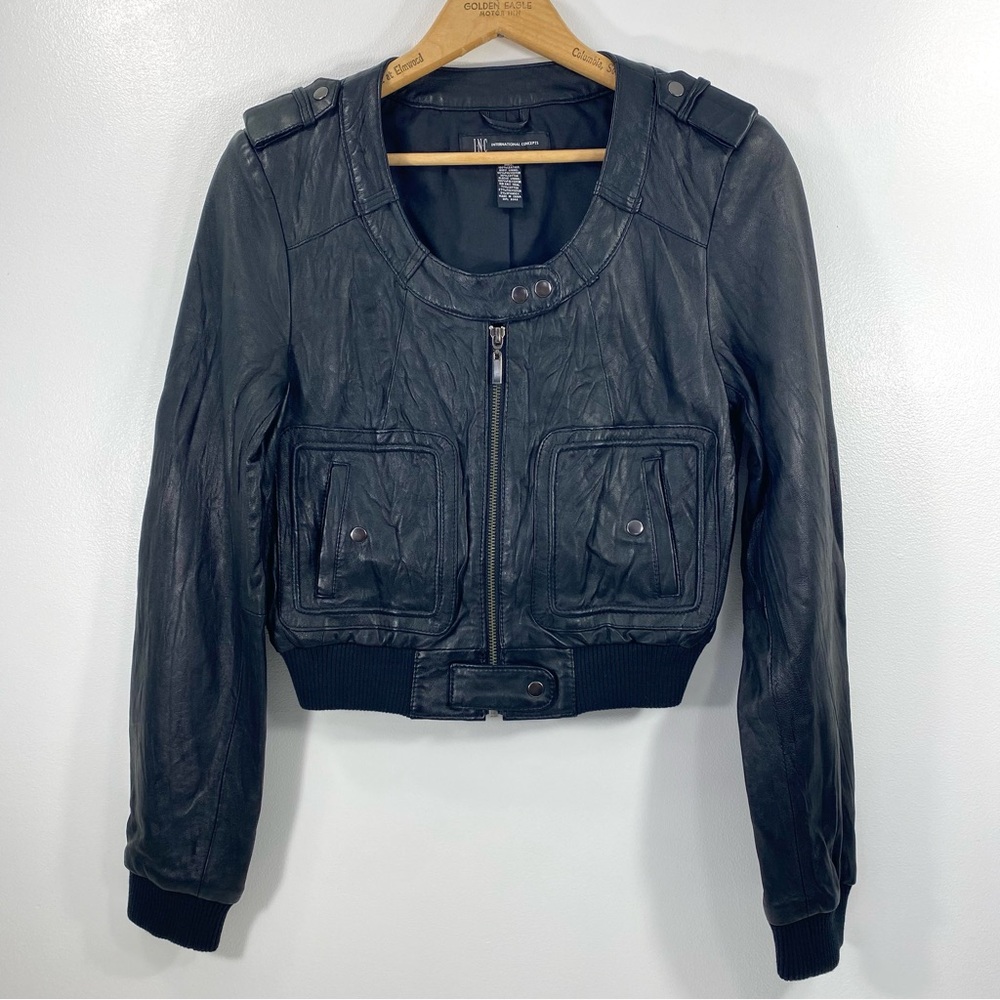 INC International Concepts Black Crinkled Leather Cropped Moto Bomber Jacket S